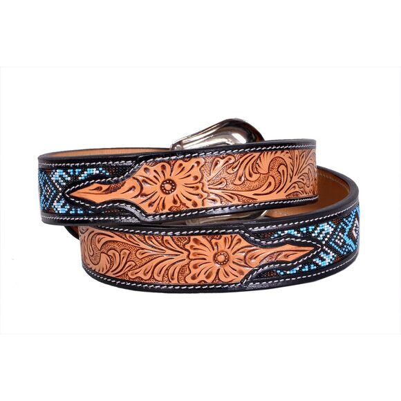 5466 Western Tooled Leather Beaded Belt For Men And Women
